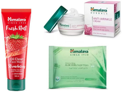 

Himalaya fresh start oil clear strawberry face wash, anti wrinkle cream, moisturizing aloe vera facial wipes(Set of 3)