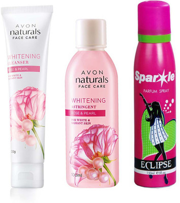 

Avon Anew Naturals Rose & Pearl Whitening Cleanser (100 g) & NATURALS ROSE & ROSE PEARL TONER (100 ml) With one sparkle perfume spray 150 ml(Set of 3)