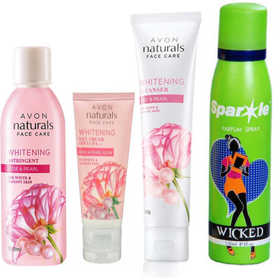 

Avon Anew Naturals Rose and pearl day cream SPF 15/PA++ (50 g) & Naturals Rose & Pearl Whitening Cleanser (100 g) & NATURALS ROSE & ROSE PEARL TONER (100 ml) With one sparkle perfume spray 150 ml(Set of 4)