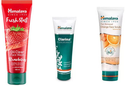 

Himalaya fresh start oil clear strawberry face wash, tan removal orange face scrub, clarina anti acne face mask(Set of 3)
