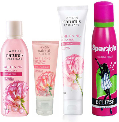 

Avon Anew Naturals Rose and pearl day cream SPF 15/PA++ (50 g) & Naturals Rose & Pearl Whitening Cleanser (100 g) & NATURALS ROSE & ROSE PEARL TONER (100 ml) With one sparkle perfume spray 150 ml(Set of 4)