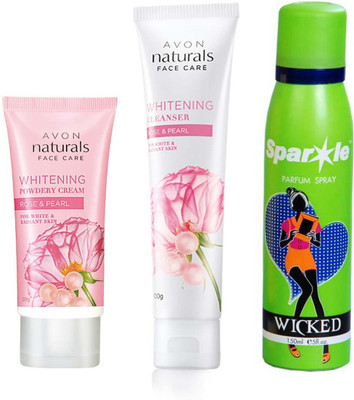 

Avon Anew Naturals Rose and pearl powdery night cream (50 g) & Naturals Rose & Pearl Whitening Cleanser (100 g) With one sparkle perfume spray 150 ml(Set of 3)