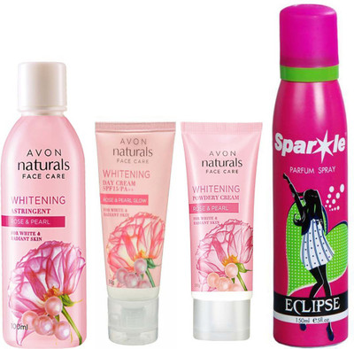 

Avon Anew Naturals Rose and pearl powdery night cream (50 g) & Naturals Rose and pearl day cream SPF 15/PA++ (50 g) & NATURALS ROSE & ROSE PEARL TONER (100 ml) With one sparkle perfume spray 150 ml(Set of 4)