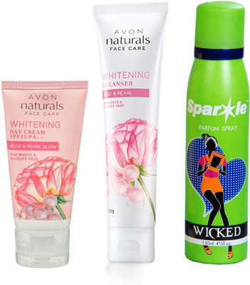 

Avon Anew Naturals Rose and pearl day cream SPF 15/PA++ (50 g) & Naturals Rose & Pearl Whitening Cleanser (100 g) With one sparkle perfume spray 150 ml(Set of 3)