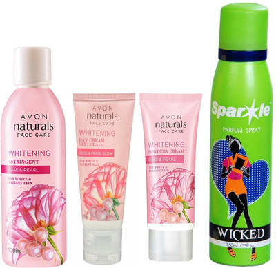 

Avon Anew Naturals Rose and pearl powdery night cream (50 g) & Naturals Rose and pearl day cream SPF 15/PA++ (50 g) & NATURALS ROSE & ROSE PEARL TONER (100 ml) With one sparkle perfume spray 150 ml(Set of 4)