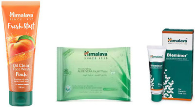 

Himalaya fresh start oil clear peach face wash, bleminor anti blemish cream, moisturizing aloe vera facial wipes(Set of 3)