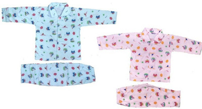 Baby Blossom Kids Nightwear Boys & Girls Printed Cotton Blend(Light Blue Pack of 2)