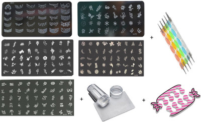

Royalkart Nail Art Stamping Kit Decoration 5 large Image Plates With Silicon Stamper & Scraper Nail Art & 5Pcs Double-Sided Dotting Tool & Decoration Gift for Girl Woman(Multicolor)