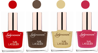 

Lady Fashion Neon Nail Polish Combo Juicy Red,Mettalic Brown,Mettalic Gold,Mettalic Pink(Pack of 4)