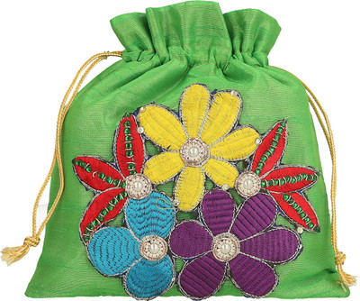 

Be You Marvelous Zari Embroidery & Stone Work Flowar Design Potli (Bag) for Women Potli(Green)