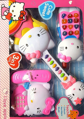 clastik Children Kids 3 in 1 Musical & Sound funny Hello Kitty Playset with Guitar Mobile and telephone Reflection of Sound Apparatus