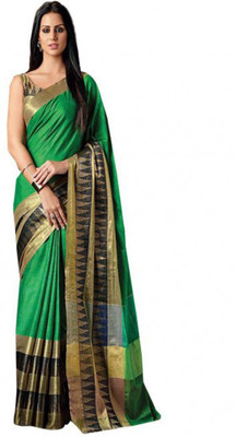 Aaghnya Printed, Temple Border, Woven, Checkered Fashion Cotton Blend, Poly Silk Saree(Green)