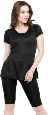 N-gal Women Frock Style Solid Black Short Sleeve & Knee Shorts Swimsuit Solid Women Swimsuit
