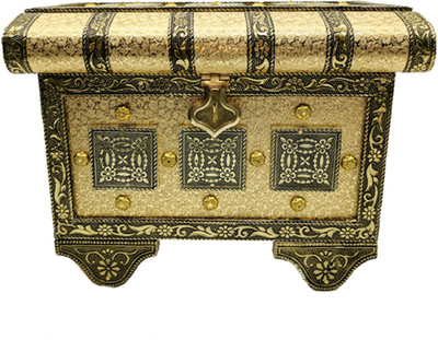 

SARANGWARE Handi Craft Wooden German Oxidised Meenakari Pitara Jewellary Box, Gift Box, Bangle Box With 3 Compartments Multi purpose Vanity Box(Golden)
