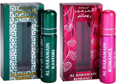 

Kivalo Haramain Pure Original Kasturi & Romance Fragrance Roll On Attar Combo Pack of 2 x 10 ml For Women Floral Attar(Amber)