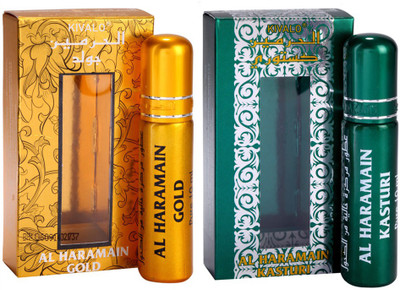 

Kivalo Haramain Pure Original Gold & Kasturi Fragrance Roll On Attar Combo Pack of 2 x 10 ml For Women Floral Attar(Amber)