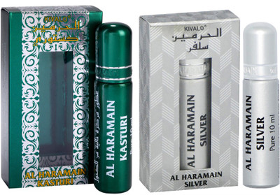 

Kivalo Haramain Pure Original Kasturi & Silver Fragrance Roll On Attar Combo Pack of 2 x 10 ml For Women Floral Attar(Amber)