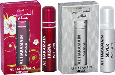 

Kivalo Haramain Pure Original Husna & Silver Fragrance Roll On Attar Combo Pack of 2 x 10 ml For Women Floral Attar(Musk)