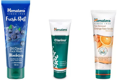 

Himalaya fresh start oil clear blueberry face wash, tan removal orange face scrub, clarina anti acne face mask(Set of 3)