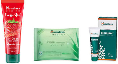 

Himalaya fresh start oil clear strawberry face wash, bleminor anti blemish cream, moisturizing aloe vera facial wipes(Set of 3)