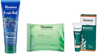 

Himalaya fresh start oil clear blueberry face wash, bleminor anti blemish cream, moisturizing aloe vera facial wipes(Set of 3)