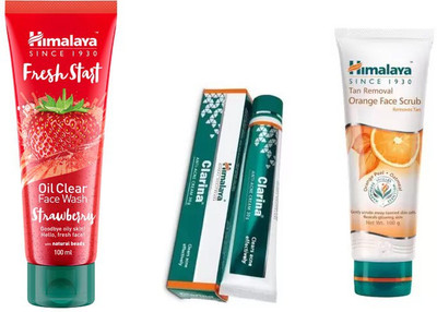 

Himalaya fresh start oil clear strawberry face wash, tan removal orange face scrub, clarina anti acne cream(Set of 3)