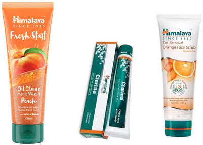 

Himalaya fresh start oil clear peach face wash, tan removal orange face scrub, clarina anti acne cream(Set of 3)