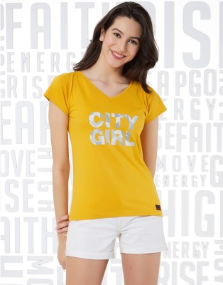 METRONAUT Casual Short Sleeve, Cap Sleeve Graphic Print Women Yellow Top