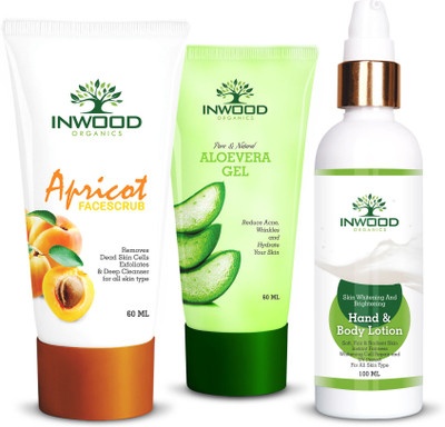 

INWOOD ORGANICS Combo Kit of Apricot Face Scrub - 60 ML | Pure & Natural Aloe Vera Gel - 60 ML | Skin Whitening & Brightening Body Lotion - 100 ML(Set of 3)