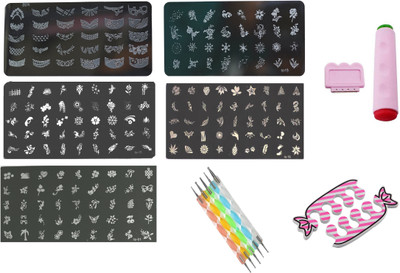 

Royalkart Nail Art Stamping Kit Decoration 5 large Image Plates with Double Sided Stamper,Metal Scraper Nail Art & 5Pcs Double-Sided Dotting Tool & Decoration Gift for Girl Woman(Multicolor)