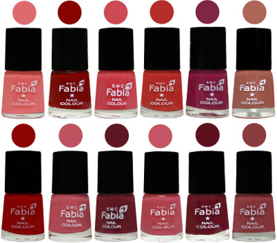 

Fabia Exclusive Nail Polish Set of 12 pcs. Baby Pink-Bold Red-Strawberry-Candy Orange-Dark Magenta-coral-Red-Coral Pink -Jam-Light Pink-Maroon-Dark Nude(Pack of 12)