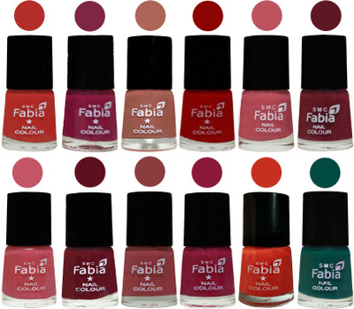 

Fabia Exclusive Nail Polish Set of 12 pcs. Candy Orange-Dark Magenta-coral-Red-Coral Pink -Jam-Light Pink-Maroon-Dark Nude-Pure Wine-Orange-Pine Green(Pack of 12)