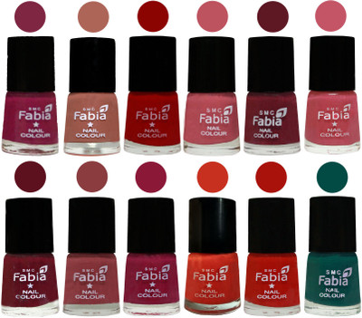

Fabia Exclusive Nail Polish Set of 12 pcs. Dark Magenta-coral-Red-Coral Pink -Jam-Light Pink-Maroon-Dark Nude-Pure Wine-Orange-Reddish Red-Pine Green(Pack of 12)