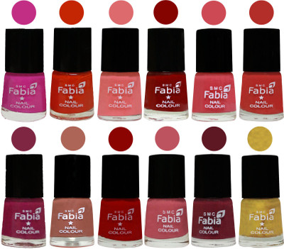 

Fabia Exclusive Nail Polish Set of 12 pcs. Pink Pink-Fire Orange-Baby Pink-Bold Red-Strawberry-Candy Orange-Dark Magenta-coral-Red-Coral Pink -Jam-Matte Golden(Pack of 12)