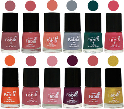 

Fabia Exclusive Nail Polish Set of 12 pcs. Lip-Bazooka Joe-Light Peach-Wild Gray Yonder-Dark Green-Shock Pink-Sour Orange-Mauve Pink-Rose-Boysenberry-Peach-Matte Golden(Pack of 12)