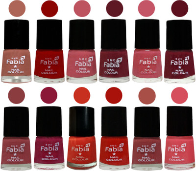 

Fabia Exclusive Nail Polish Set of 12 pcs. coral-Red-Coral Pink -Jam-Light Pink-Maroon-Dark Nude-Pure Wine-Orange-Reddish Red-Dark Peach-Punch Pink(Pack of 12)