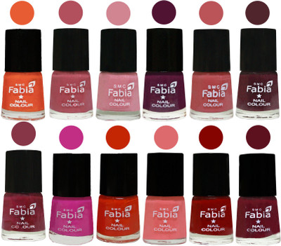 

Fabia Exclusive Nail Polish Set of 12 pcs. Sour Orange-Mauve Pink-Rose-Boysenberry-Peach-Wine-Wine Red-Pink Pink-Fire Orange-Baby Pink-Bold Red-Maroon(Pack of 12)