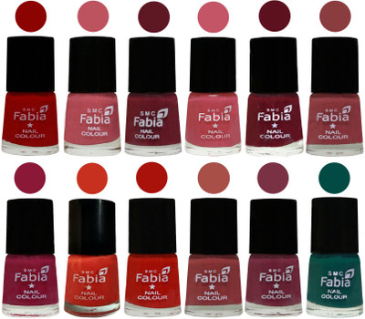 

Fabia Exclusive Nail Polish Set of 12 pcs. Red-Coral Pink -Jam-Light Pink-Maroon-Dark Nude-Pure Wine-Orange-Reddish Red-Dark Peach-Plum-Pine Green(Pack of 12)