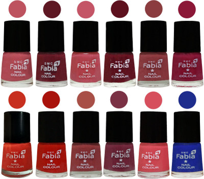

Fabia Exclusive Nail Polish Set of 12 pcs. Coral Pink -Jam-Light Pink-Maroon-Dark Nude-Pure Wine-Orange-Reddish Red-Dark Peach-Plum-Punch Pink-Shock Blue Dark(Pack of 12)