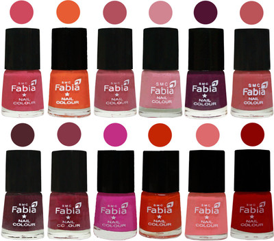 Fabia Exclusive Nail Polish Set of 12 pcs. Shock Pink-Sour Orange-Mauve Pink-Rose-Boysenberry-Peach-Wine-Wine Red-Pink Pink-Fire Orange-Baby Pink-Red(Pack of 12)