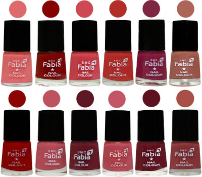 

Fabia Exclusive Nail Polish Set of 12 pcs. Baby Pink-Bold Red-Strawberry-Candy Orange-Dark Magenta-coral-Red-Coral Pink -Jam-Light Pink-Maroon-Dark Peach(Pack of 12)