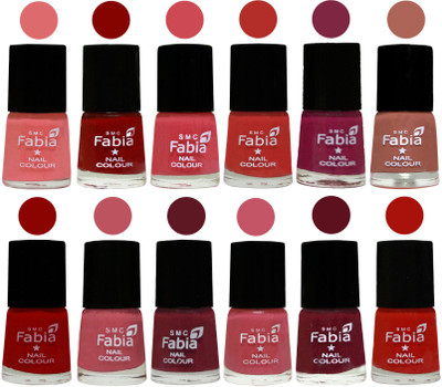 

Fabia Exclusive Nail Polish Set of 12 pcs. Baby Pink-Bold Red-Strawberry-Candy Orange-Dark Magenta-coral-Red-Coral Pink -Jam-Light Pink-Maroon-Reddish Red(Pack of 12)