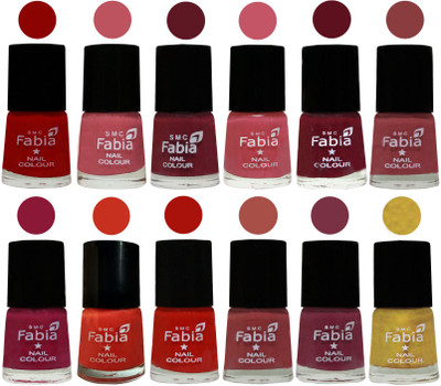 

Fabia Exclusive Nail Polish Set of 12 pcs. Red-Coral Pink -Jam-Light Pink-Maroon-Dark Nude-Pure Wine-Orange-Reddish Red-Dark Peach-Plum-Matte Golden(Pack of 12)