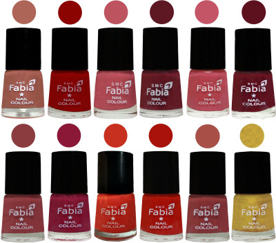 

Fabia Exclusive Nail Polish Set of 12 pcs. coral-Red-Coral Pink -Jam-Light Pink-Maroon-Dark Nude-Pure Wine-Orange-Reddish Red-Dark Peach-Matte Golden(Pack of 12)