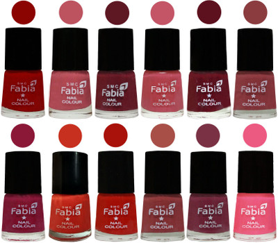 

Fabia Exclusive Nail Polish Set of 12 pcs. Red-Coral Pink -Jam-Light Pink-Maroon-Dark Nude-Pure Wine-Orange-Reddish Red-Dark Peach-Plum-Shock Pink Light(Pack of 12)