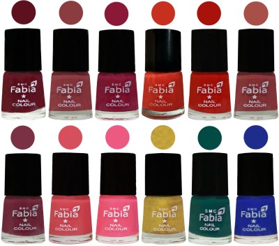 

Fabia Exclusive Nail Polish Set of 12 pcs. Maroon-Dark Nude-Pure Wine-Orange-Reddish Red-Dark Peach-Plum-Punch Pink-Shock Pink Light-Matte Golden-Pine Green-Shock Blue Dark(Pack of 12)