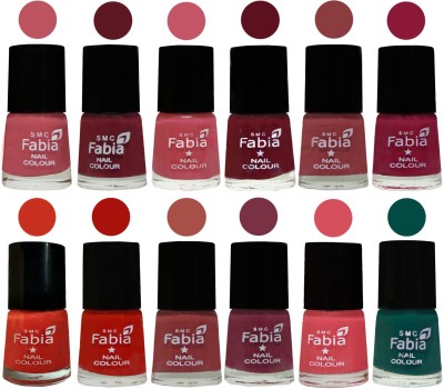 

Fabia Exclusive Nail Polish Set of 12 pcs. Coral Pink -Jam-Light Pink-Maroon-Dark Nude-Pure Wine-Orange-Reddish Red-Dark Peach-Plum-Punch Pink-Pine Green(Pack of 12)