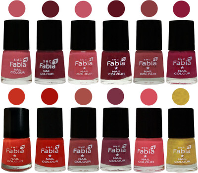 

Fabia Exclusive Nail Polish Set of 12 pcs. Coral Pink -Jam-Light Pink-Maroon-Dark Nude-Pure Wine-Orange-Reddish Red-Dark Peach-Plum-Punch Pink-Matte Golden(Pack of 12)