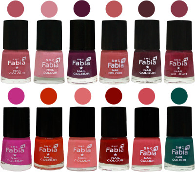 

Fabia Exclusive Nail Polish Set of 12 pcs. Mauve Pink-Rose-Boysenberry-Peach-Wine-Wine Red-Pink Pink-Fire Orange-Baby Pink-Bold Red-Strawberry-Pine Green(Pack of 12)