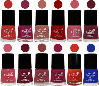 

Fabia Exclusive Nail Polish Set of 12 pcs. Candy Orange-Dark Magenta-coral-Red-Coral Pink -Jam-Light Pink-Maroon-Dark Nude-Pure Wine-Orange-Shock Blue Dark(Pack of 12)
